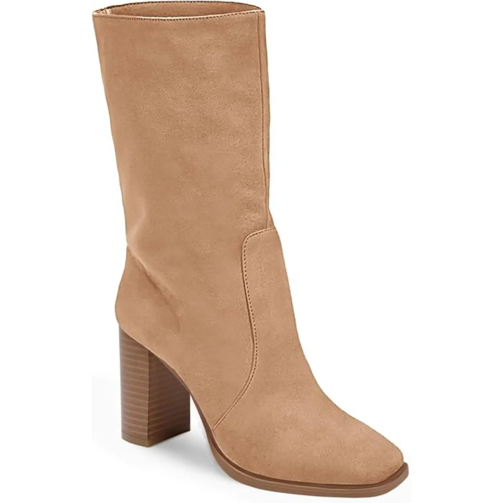 Coutgo Women’s Mid-calf Boots Chunky Stacked Heel Square Toe Side Zipper Slip-on Suede Winter Booties