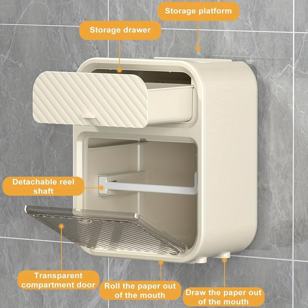 Bathroom Shelf with Drawers, Toilet Tissue Box — Suitable for Both Roll Paper and Facial Tissue. Punch-free Wall-mounted Roll & Facial Tissue Holder, Can Hold Mobile Phones, with Lid, Also for Sanitary Napkin Storage.