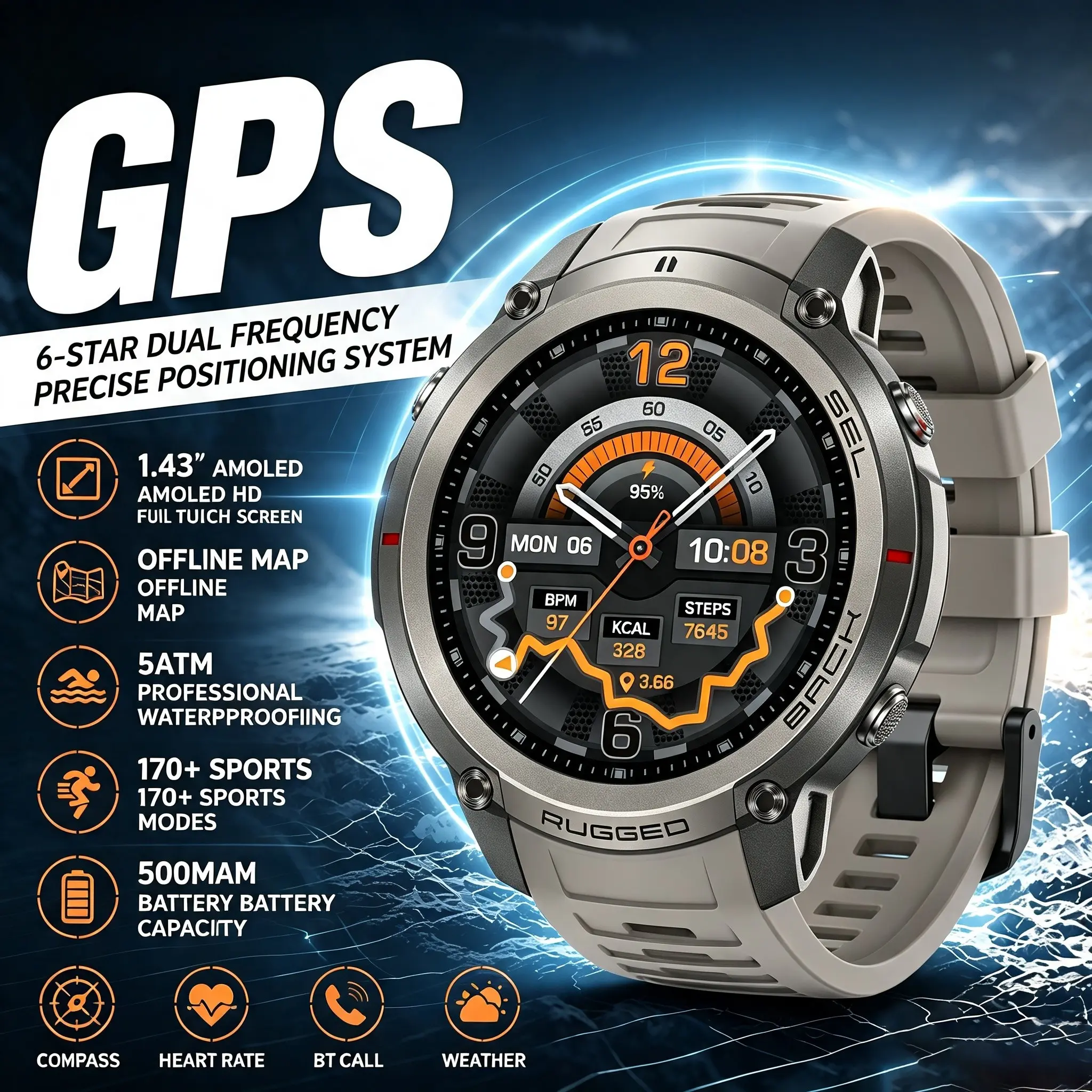 New GPS Map Navigation Smart Watch, 500mAh Battery, 1.43 Inch Amoled Screen, 5atm Waterproof, Bluetooth-compatible Call, Sports Watch for Men & Women