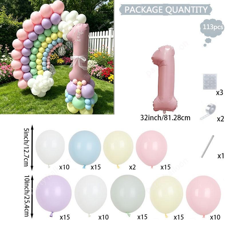 113 Piece Macaron Rainbow Number Balloons Set, Balloon Decorations Kit, 32 Inch Numbers 0-9, Party Decor for Birthday, Wedding, Kids' Festival