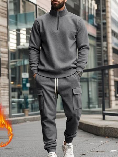 Men's Fleece Tracksuit Set - Half - Zip Mock Neck Top, Cargo Joggers, Ribbed Trim, Athletic Fit. Designed for All - Day Warmth in Winter & Casual Settings, Suitable for Outdoor Workouts, Urban Commutes & Lazy Sundays. A Must - Have for Modern Men Seeking