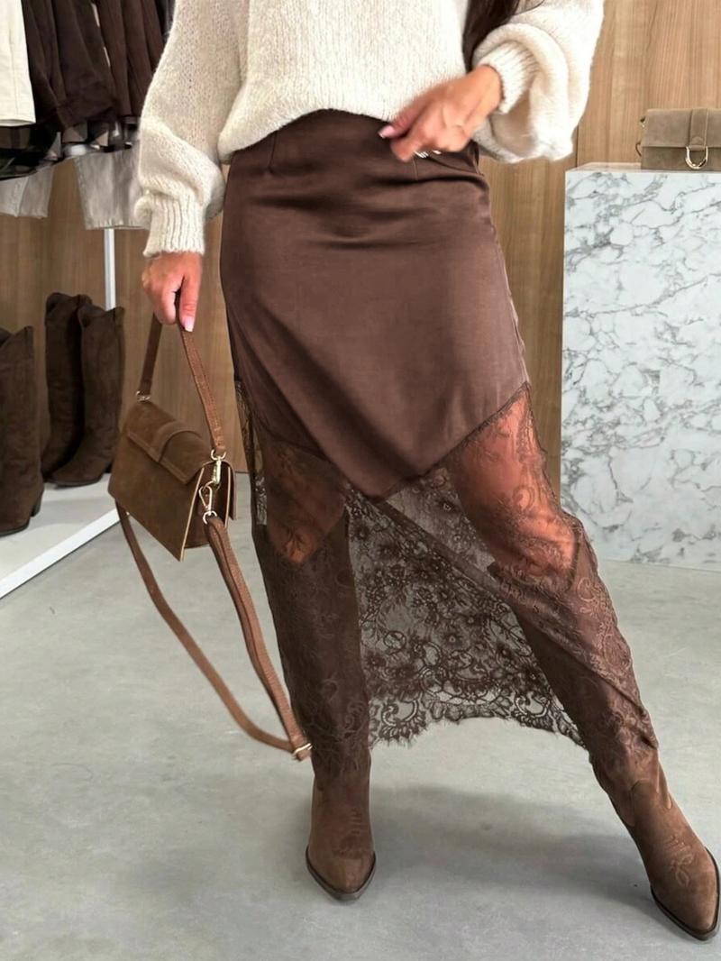 1 piece Valentine's Day Elegant Lace Patchwork Skirt, Knitted Fabric, Pure Color, Fitted , Daily Wear, Suitable for Spring and Summer