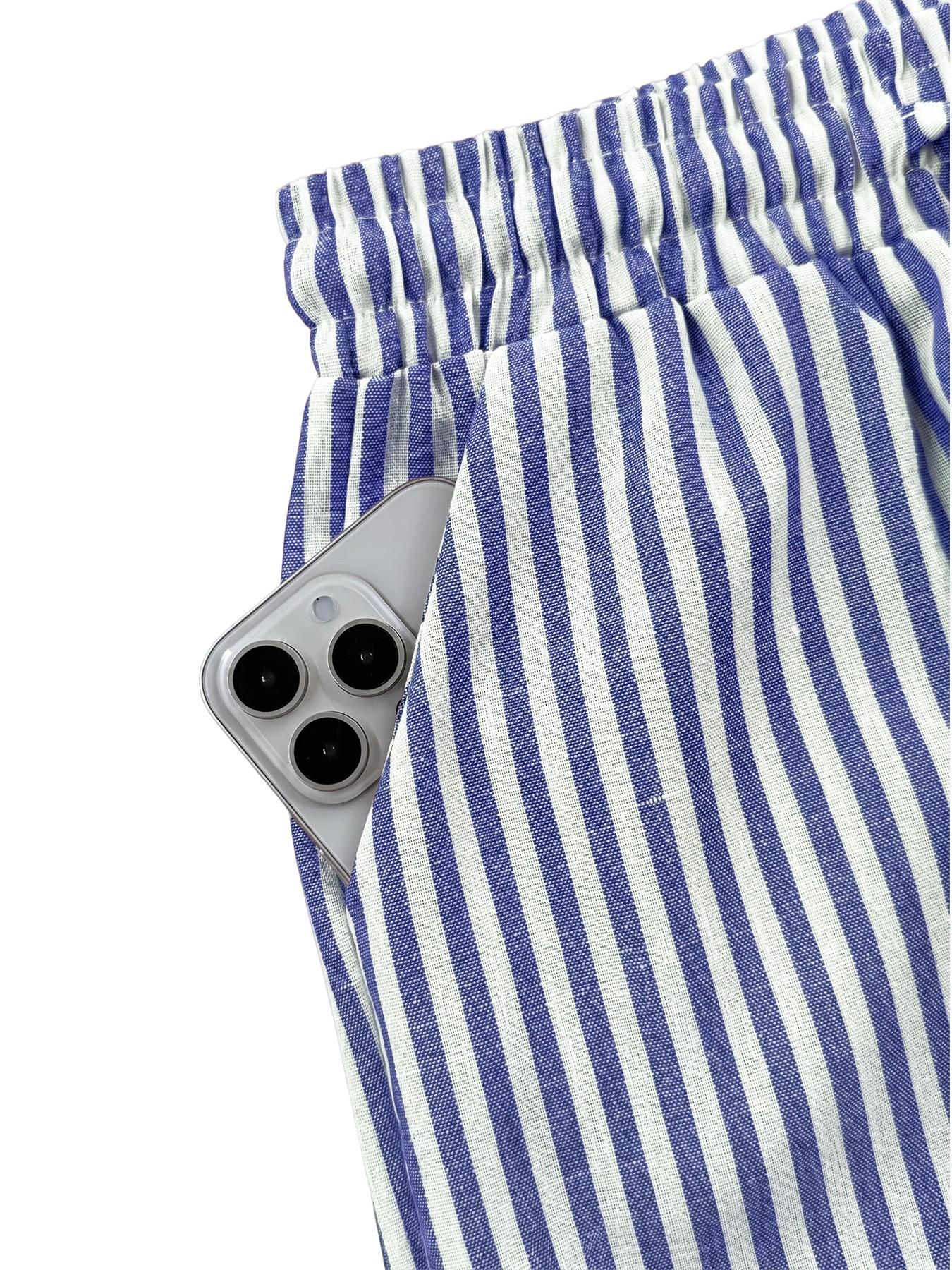 Women 2026 New Arrival Vertical Striped Linen Blend Cropped Pants, High Waist Drawstring Cuffed Casual Capri Trousers with Pocket, Summer Loose Fit Beach Everyday Jogger Pants, All Season, Casual Style Bottoms