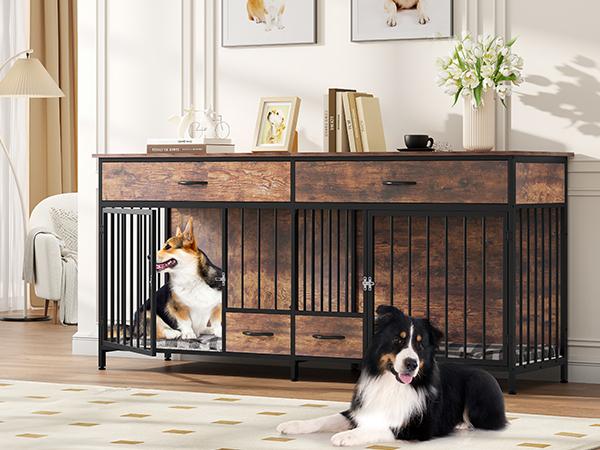 DWVO Double Dog Crate Furniture with Feeder, Indoor Dog Kennel for Large Breed with Storage, Wooden Dog Crate TV Stand Table for Dogs