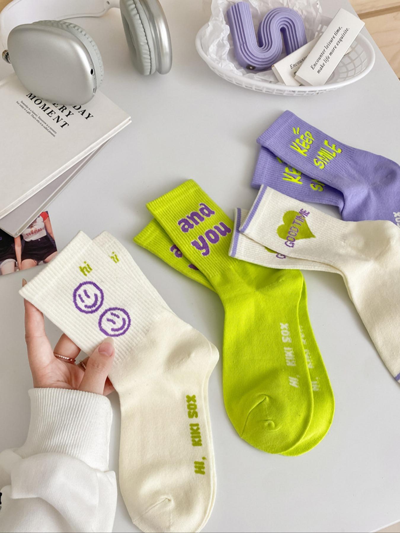 Women's Casual Letter Pattern Street Style Mid-Calf Socks, 4 Pairs, Perfect for Daily Wear, Trendy and Unique Design