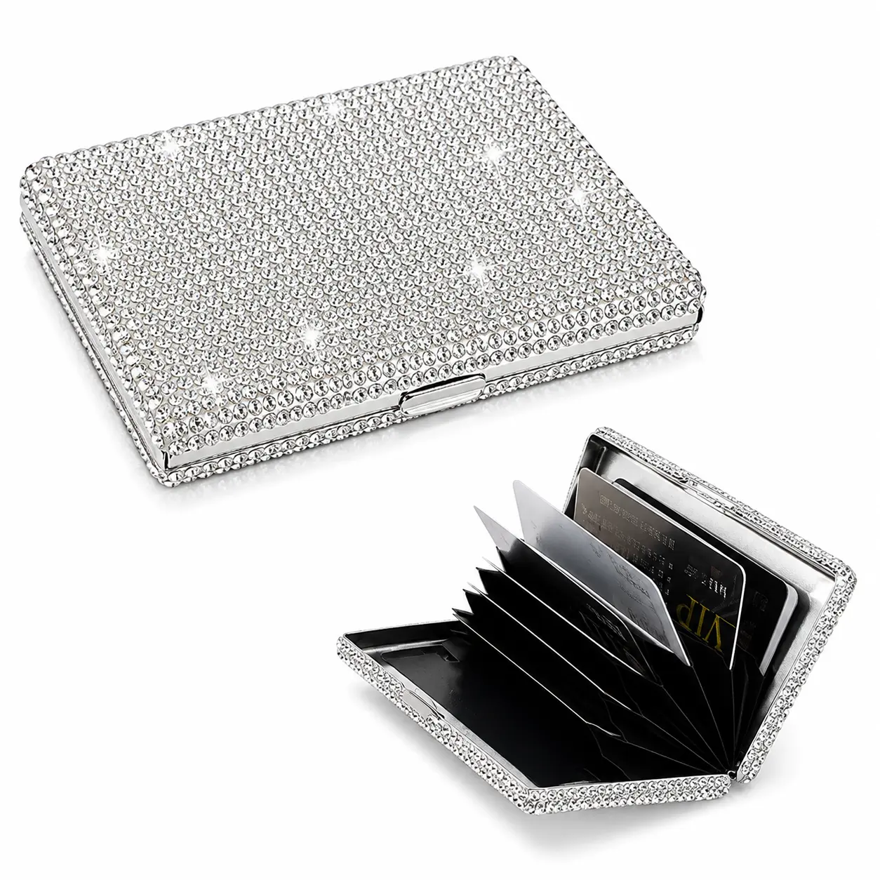Rhinestone Aluminum Card Holder, Slim Lightweight Business Card Case for Credit Cards, ID Cards & Gift Cards, Sparkly Compact Wallet