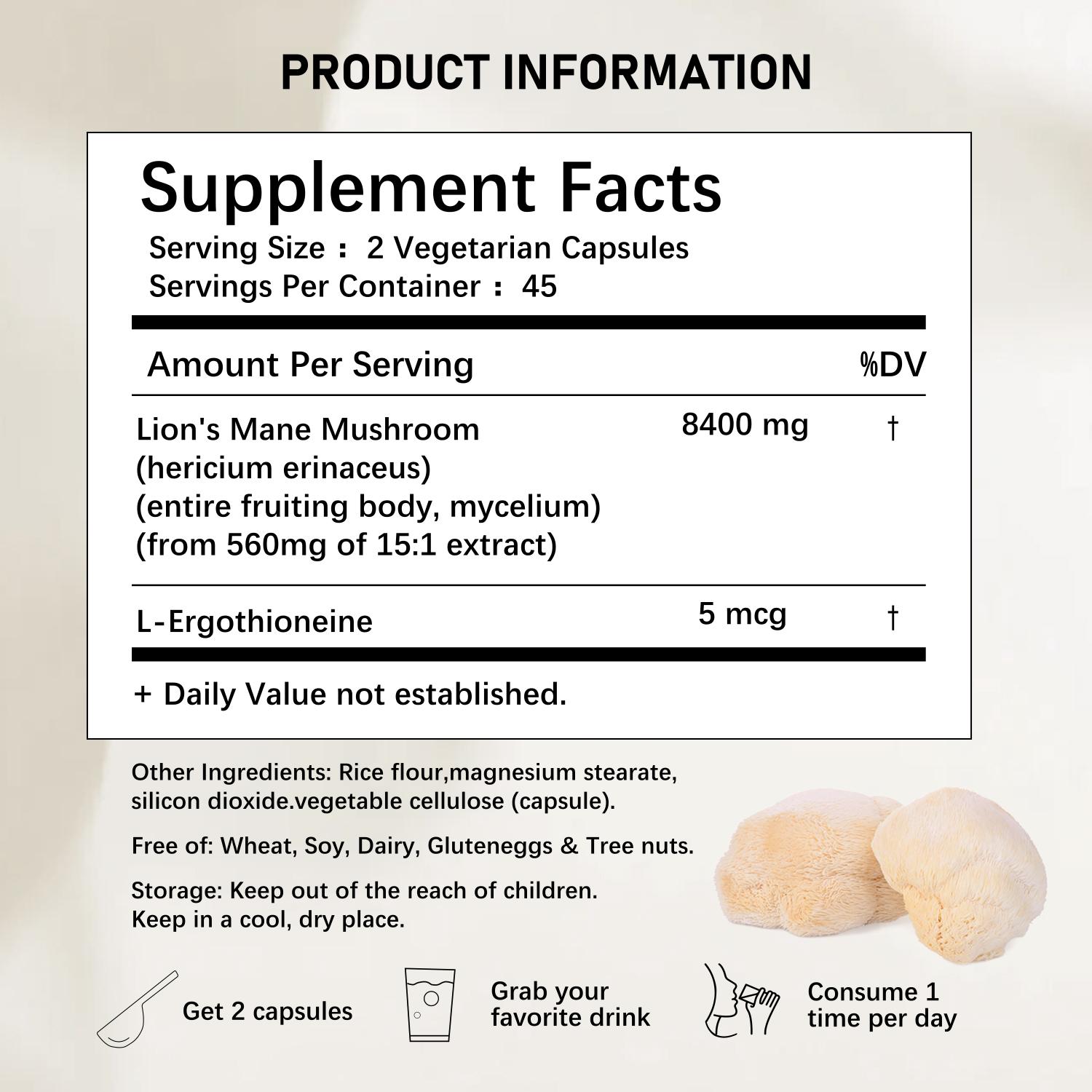 Hi Plus Organic Lion Head Mushroom Supplement Capsules | Natural Superfood to Support Brain Function, Energy and Immune Health | Non-GMO, Vegan, No Additives | 90 Veggie Capsules