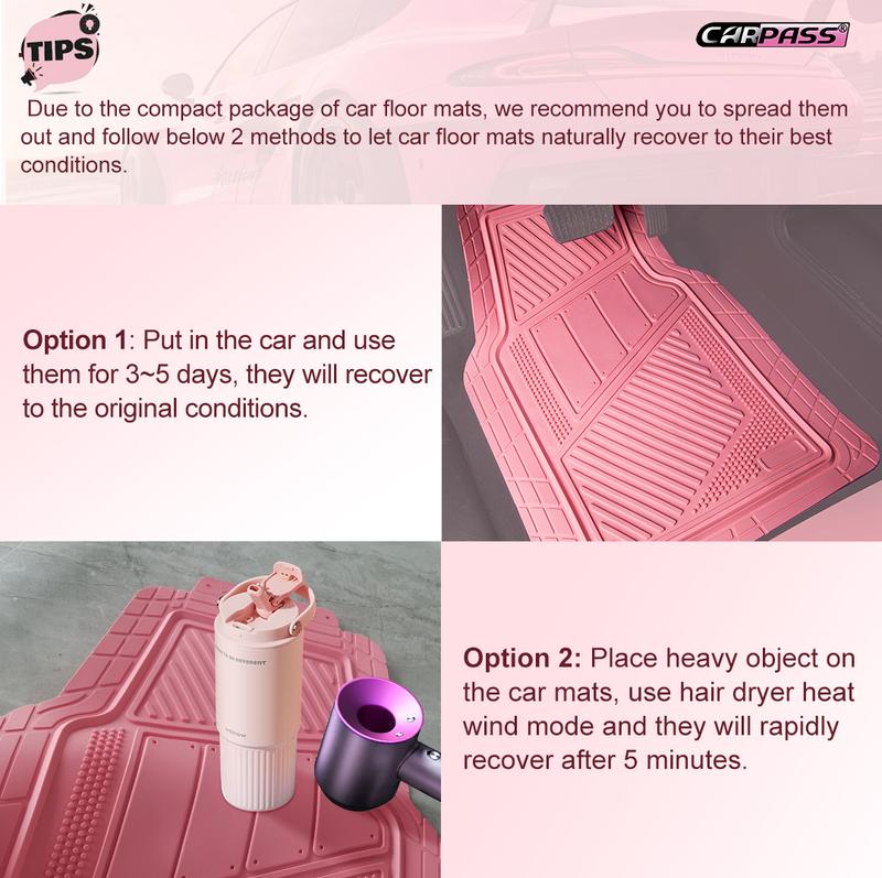 CAR PASS 4pcs Heavy Duty Rubber Floor Mats Pink 4-Piece Car Mat Set Universal Waterproof for SUV Truck Durable All-Weather Mats for Car Women Girly