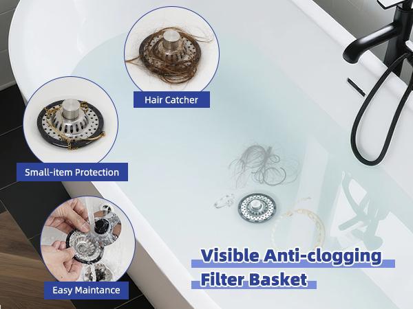 3-in-1 Pop-up Sink Stopper - 1 Pack Chrome, Visible Top Hair Catcher, Detachable Stainless Steel Filter Basket, Fits 1.5-2.4in Standard Holes, Modern Bathroom Fixture, Bathroom Gadgets
