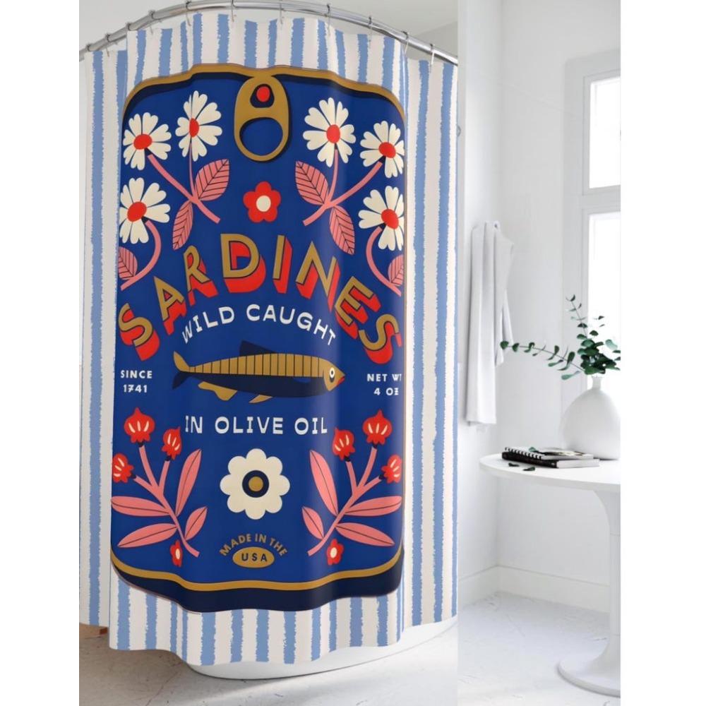 Tinned Fish Shower Curtain Sardine Bathroom Decor Bold Colorful Nautical Theme Coastal Ocean Lover Gift Funky Retro Sea Life Bath Decor