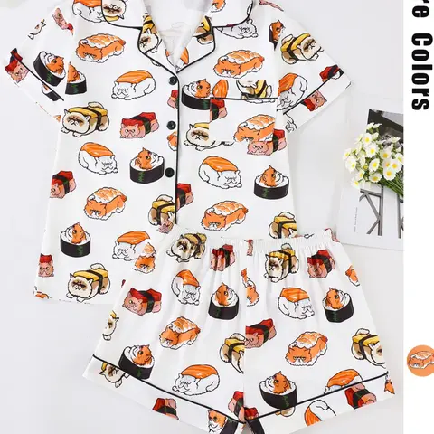 Women's All Over Cartoon Cat Print Short Sleeve Pajama Two-Piece Set, Pajamas Sets, Comfy Shortsleeve Button Front Chest Pocket Design Lapel Neck Top & Elastic Waist Shorts PJ Set, Ladies Sleepwear for All Seasons, White