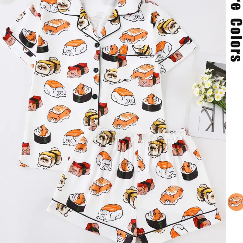 Women's All Over Cartoon Cat Print Short Sleeve Pajama Two-Piece Set, Pajamas Sets, Comfy Shortsleeve Button Front Chest Pocket Design Lapel Neck Top & Elastic Waist Shorts PJ Set, Ladies Sleepwear for All Seasons, White