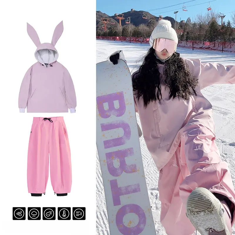 Ski suit with bunny ears for men and women, waterproof and thickened snowboard suit, multi-color ski suit and pants equipment set