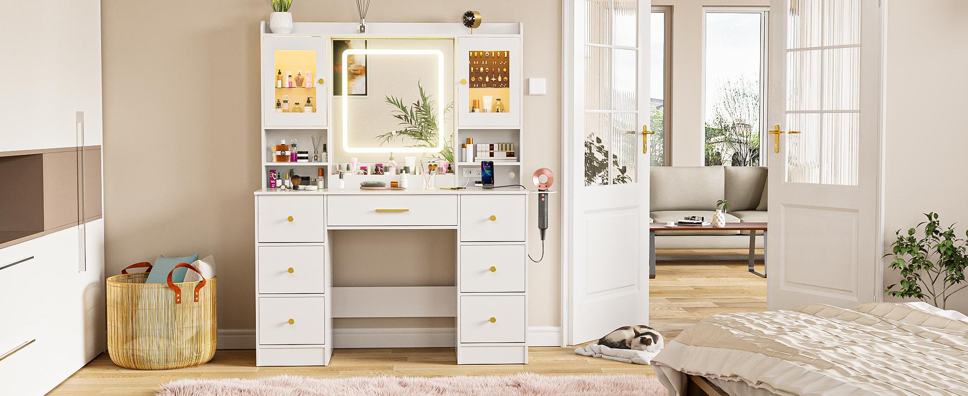 Makeup Vanity Desk with Mirror and Lights - White Large Vanity Desk with 7 Drawers & LED Jewelry Cabinet, Vanity Table with Charging Station, Dressing Table for Bedroom