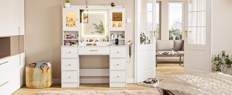 Makeup Vanity Desk with Mirror and Lights - White Large Vanity Desk with 7 Drawers & LED Jewelry Cabinet, Vanity Table with Charging Station, Dressing Table for Bedroom