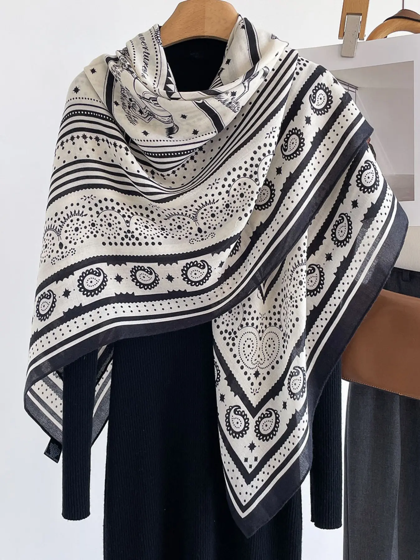 Women's Large Paisley Scarf, Elegant Monochrome Dual Color Headscarf Design, High-Quality Spring Summer Accessory, Fashion Adult Shawl