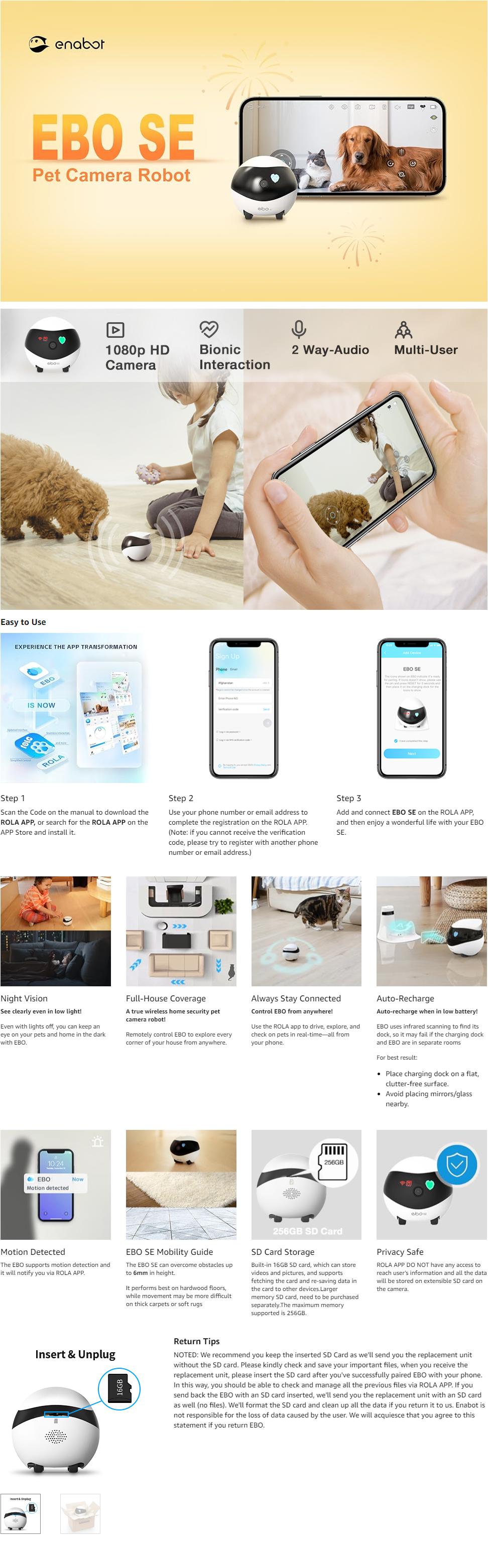 Enabot EBO SE 1080P Indoor Security Camera with 360° Movable Coverage Night Vision 2-Way Talk Automatic Recharge Compact Design for Pet Elderly Baby Monitoring Christmas Gift