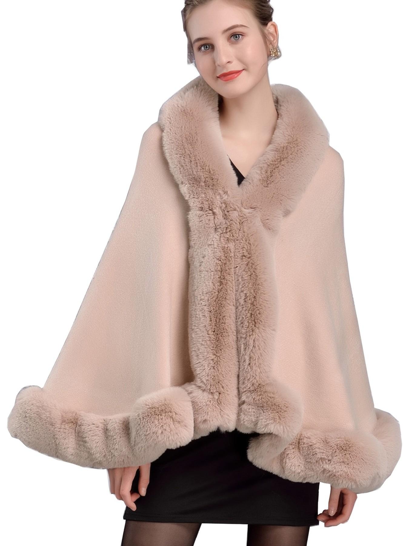 Women's Faux Fur Trim Shawl Cape, Comfortable Acrylic Knit Winter Outerwear, Perfect for Parties Weddings Evening Dresses, Elegant Gift