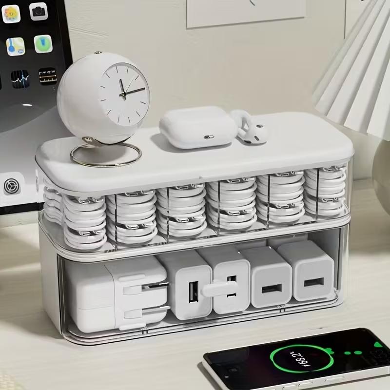 Double-Layer Transparent Desktop Cable Organizer Box, Compact Cord & Charger Storage, Adjustable Compartments, Home Office Use, Table Organizers, Desk Organizer Tidy