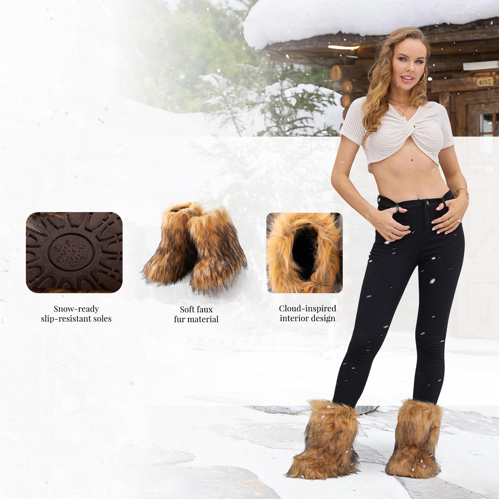 IUV Women's Fluffy Faux Furry Boots Snow Boots for Women Winter Round Toe Suede Mid-Calf Outdoor Indoor Flat Comfy Plush Warm Short Boots Y2K Fashion Non-Slip Sole Brown Black Pink White