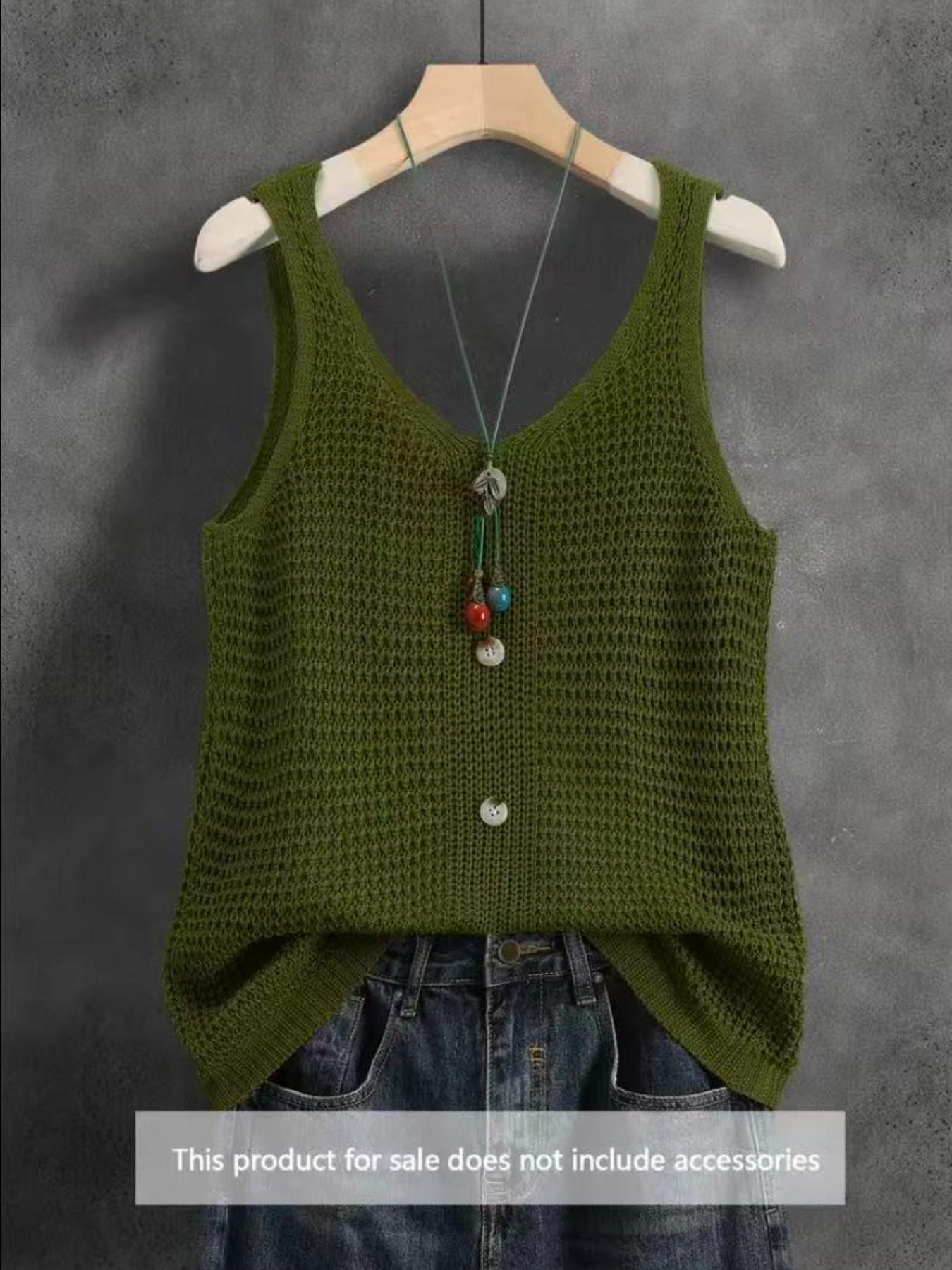 Women's Sleeveless V-Neck Knit Top, Summer Outerwear, Slimming Comfortable Loose Fit, Elegant Casual Design, Breathable Mesh Vest