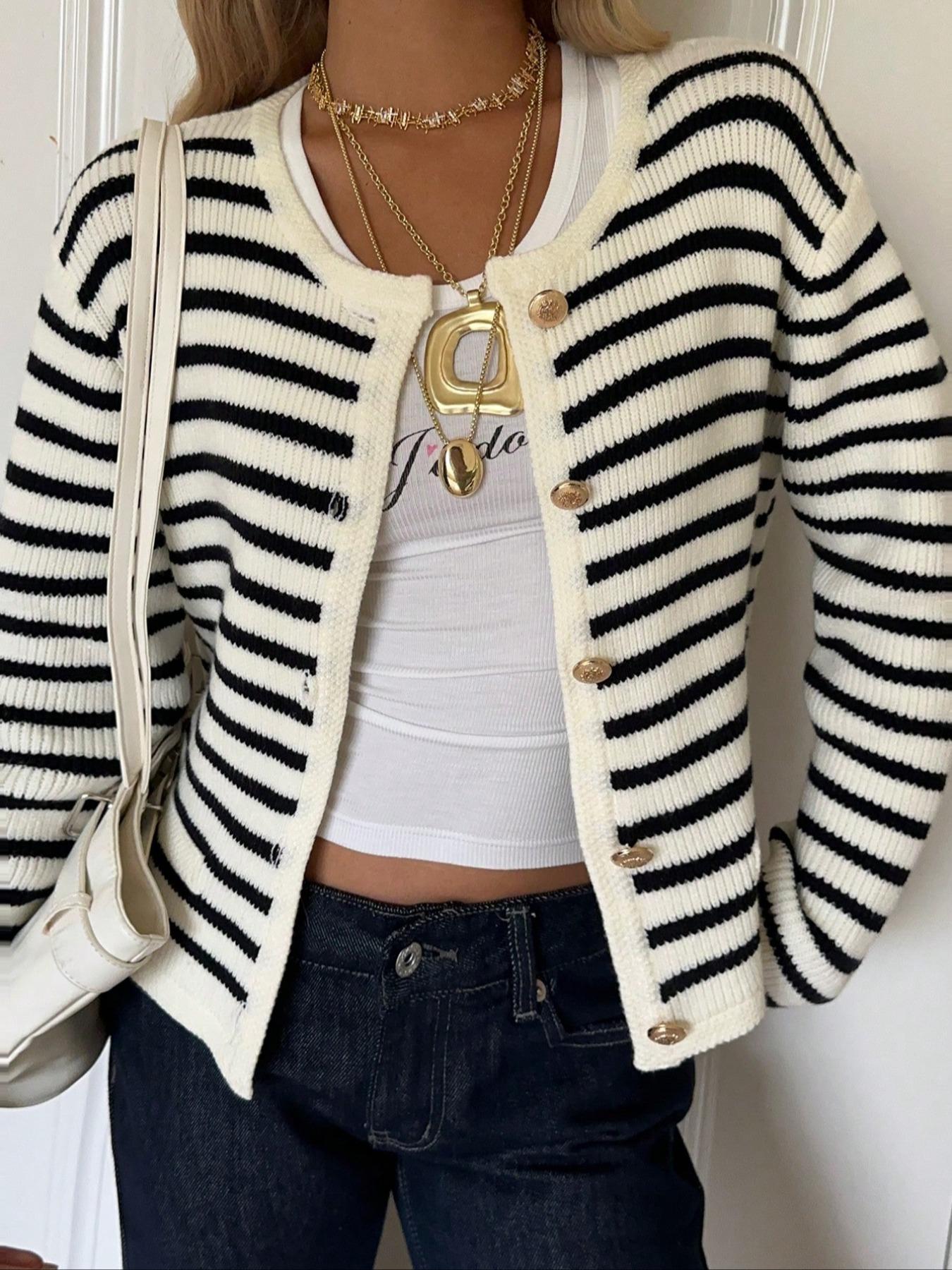 New Women's Knitted Fitted Sweater, Fall Winter Fashion, Drop Shoulder Button Front Cardigan, Striped Long Sleeve Top, Ladies Casual Wear, Knitwear