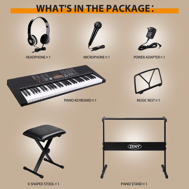 ZENY 61-Key Portable Electronic Keyboard Piano Set Kids Piano Height Adjustable W/LED Screen, Stand, Stool, Microphone