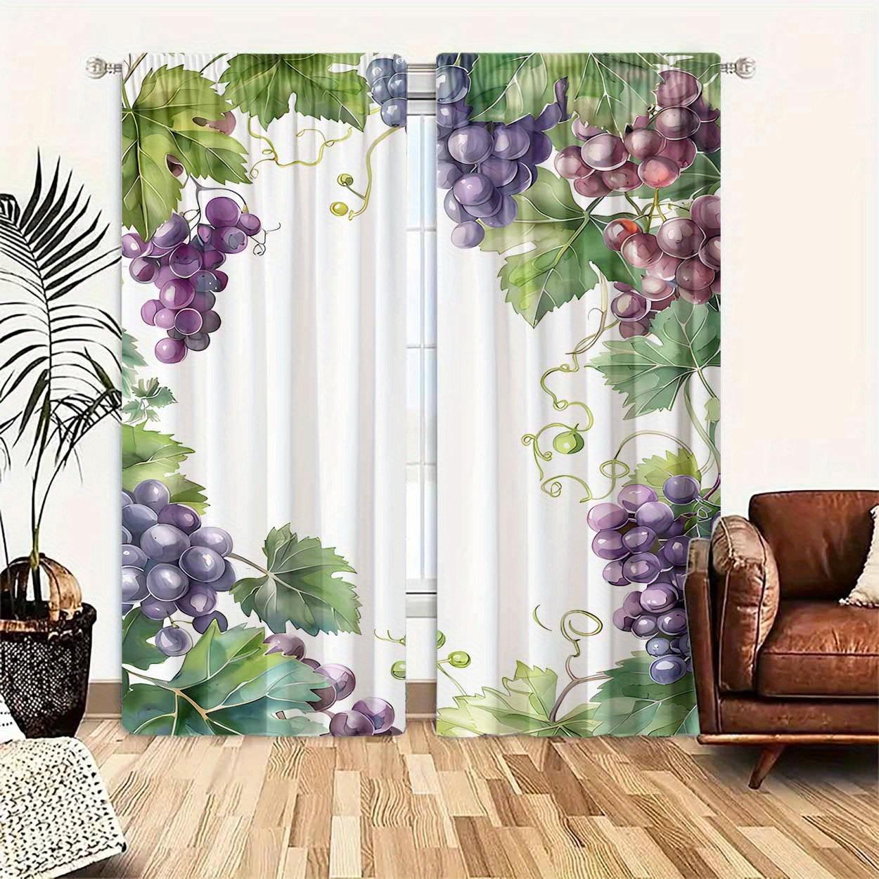 2 piece set, polyester grape pattern printing, high definition digital printing, filter curtain, rod bag design, suitable for bedroom, living room, office, home decoration, modern style, brushed fabric, machine washable, art theme, no tether, no fading