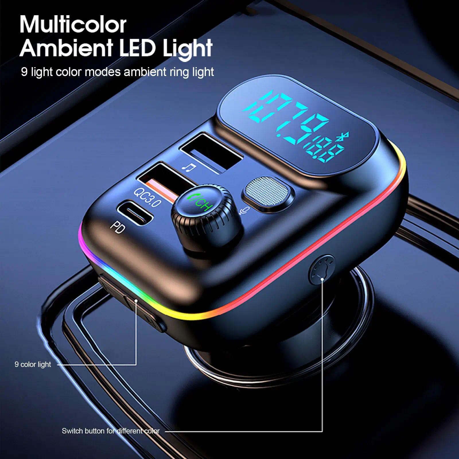Bluetooth Car Adapter, In-Car FM Transmitter with Bluetooth 5.0, 18W PD Fast Charging, QC3.0, USB + PD Ports, Type-C, Colorful Ambient Light, Dual Music Player, Bluetooth Calling, Cigarette Lighter Accessory with Easy Setup