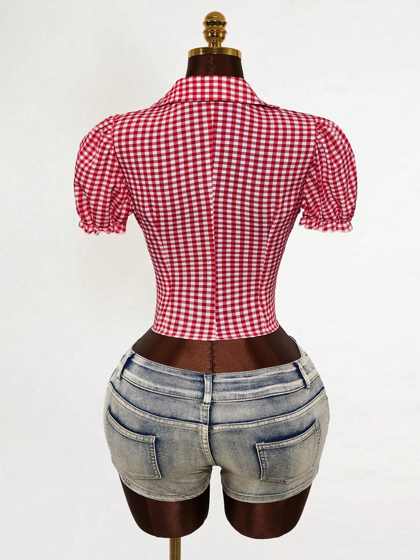 Women's Plaid Bubble Sleeve Tie Short Shirt, Ruffled Hem Crop Top, Perfect for Vacation, Brunch, Date, Farmhouse Style, Sweet & Spicy Look