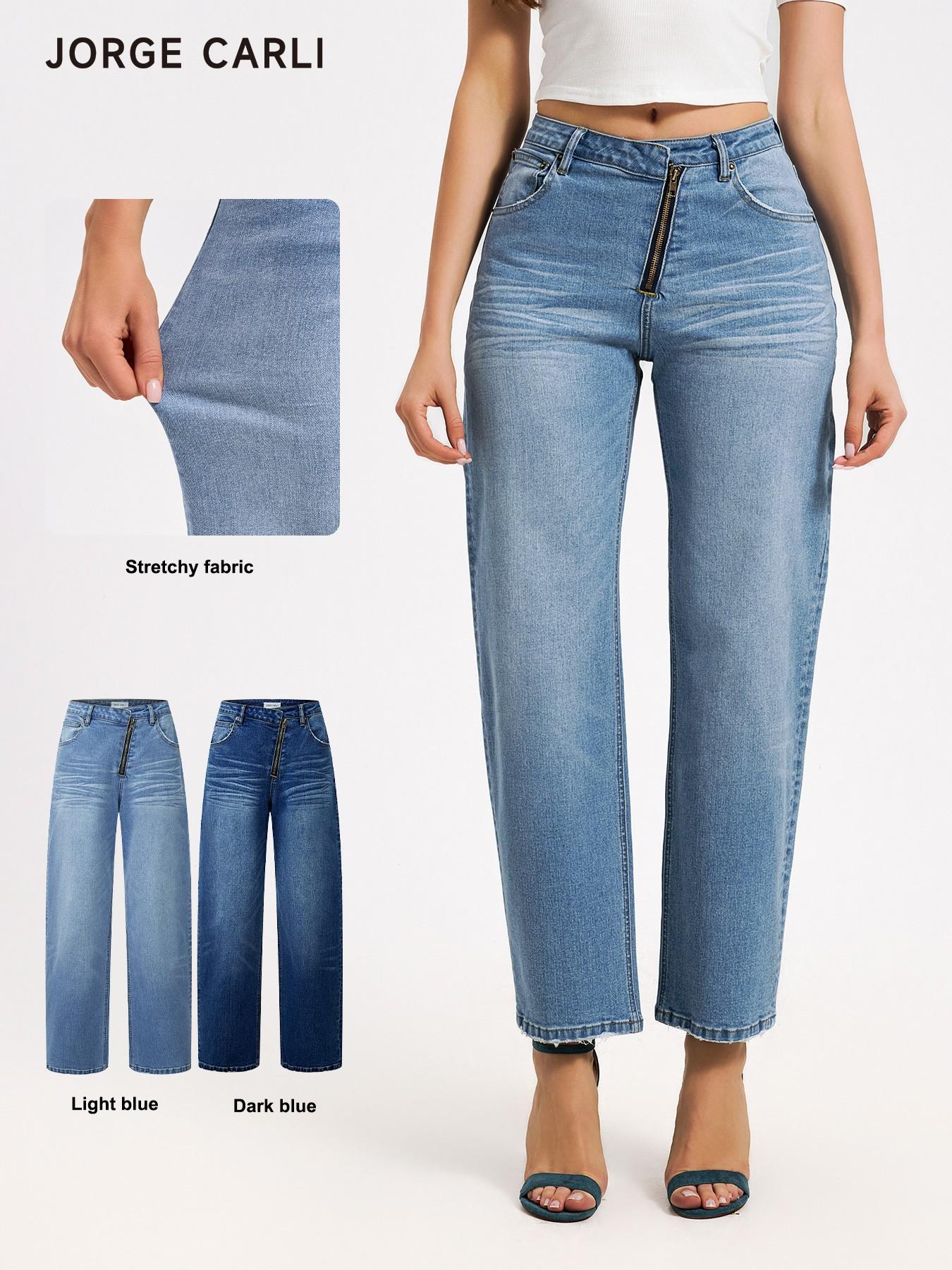 JORGE CARLI  Women's Mid-Waist Elastic Straight Leg Jeans, Front Zipper Design, Casual Office Wear, Versatile Nine-Part Wide Leg Pants