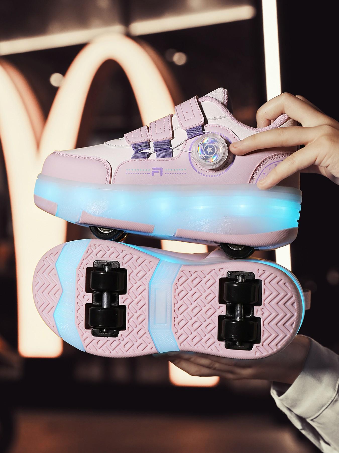 Girls' LED Light-Up Roller Skates, PU Leather Four-Wheel Inline Skates, USB Rechargeable, Detachable Wheels, All-Season Casual Shoes, Shoes With Wheels