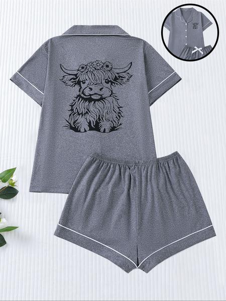 Cute Cow Print Women's Pajama Set, Comfortable Short Sleeve Button Shirt & Elastic Shorts, Casual Home Wear for All Seasons
