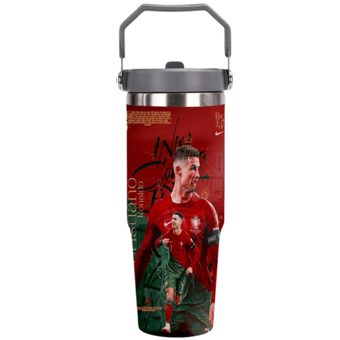 1pc C Ronaldo Print Insulated Travel Mug Tumbler, Long-Lasting Heat and Cold Retention, Stainless Steel Thermal Reusable Cup, Ideal for Fishing, Camping, Office