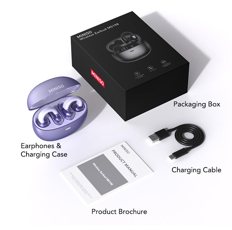 MINISO MS198 Clip-on Design Wireless Earphones Bluetooth 6.0 No-sense wearing HiFi Stereo Sound Audio Wireless Headphones for Music & Phone Calls IPX5 Waterproof Sports Earbuds for Running, Workout