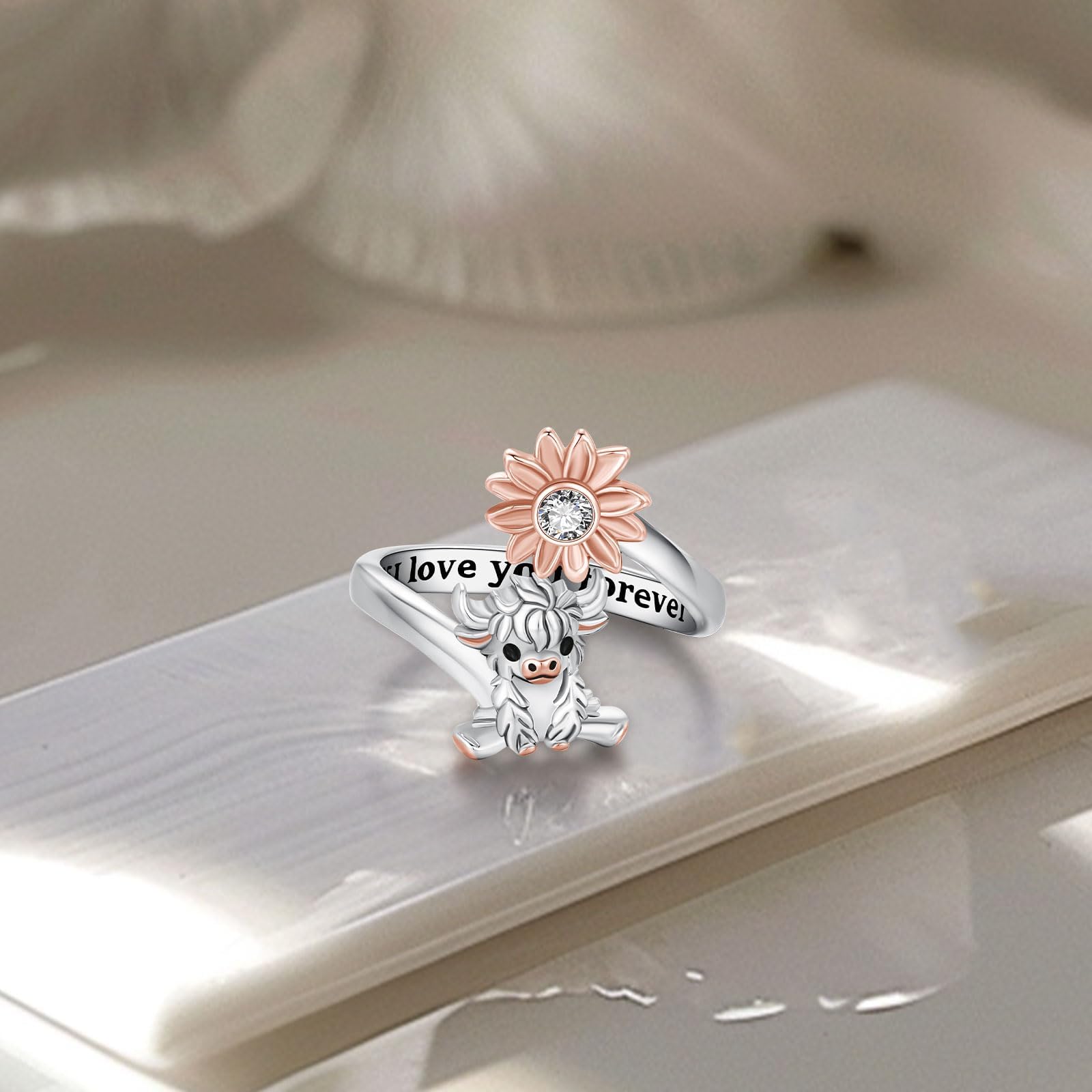 DRINSPER Highland Cow Ring 925 Sterling Silver Jewelry Highland Cow Open Ring