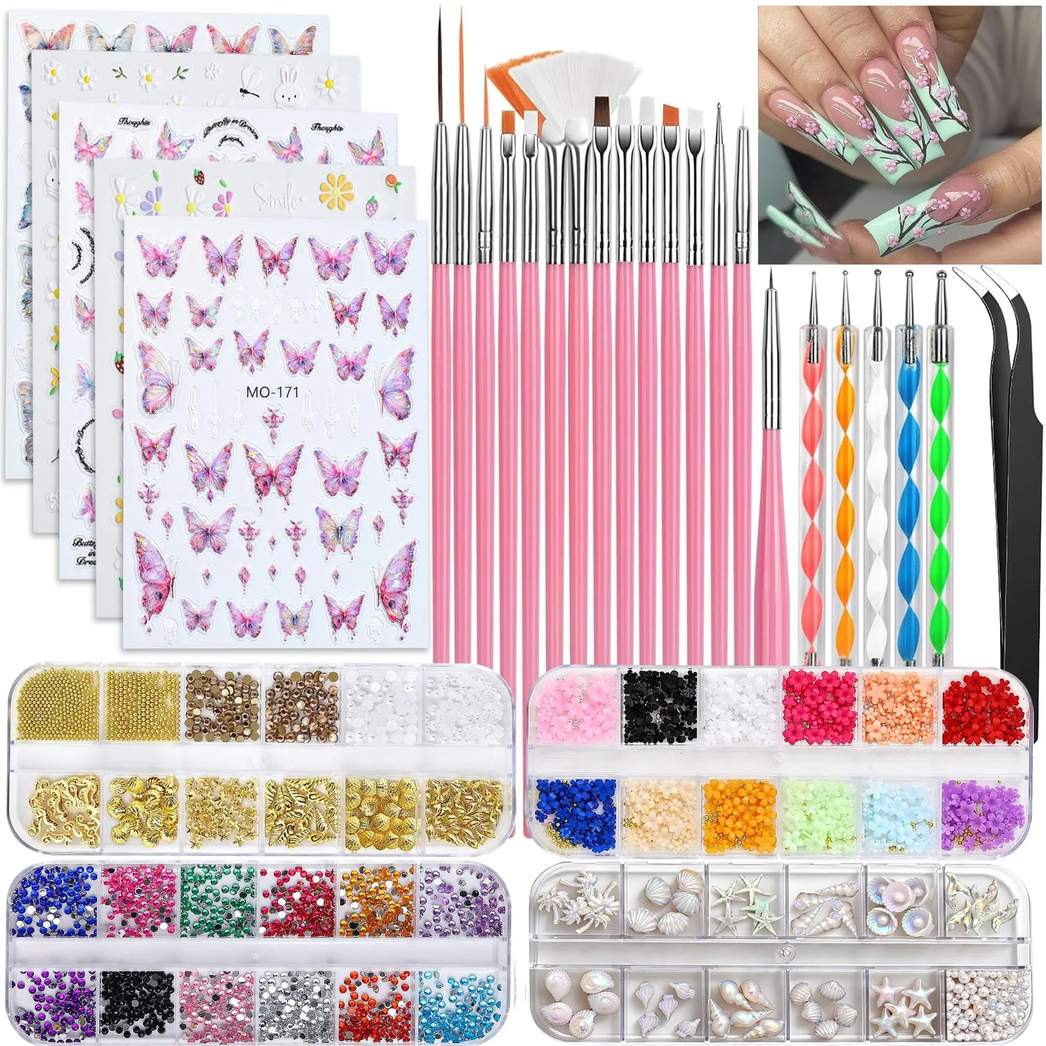 30Pcs Nail Art Decoration Kit, Include Nail Art Brushes, 3D Butterfly Flower Nail Stickers, Multi‑Style Nail Rhinestones Shell Pearl Metal Studs, Dotting Pens Tweezers, Manicure DIY Nail Supplies for Salon & Home Use