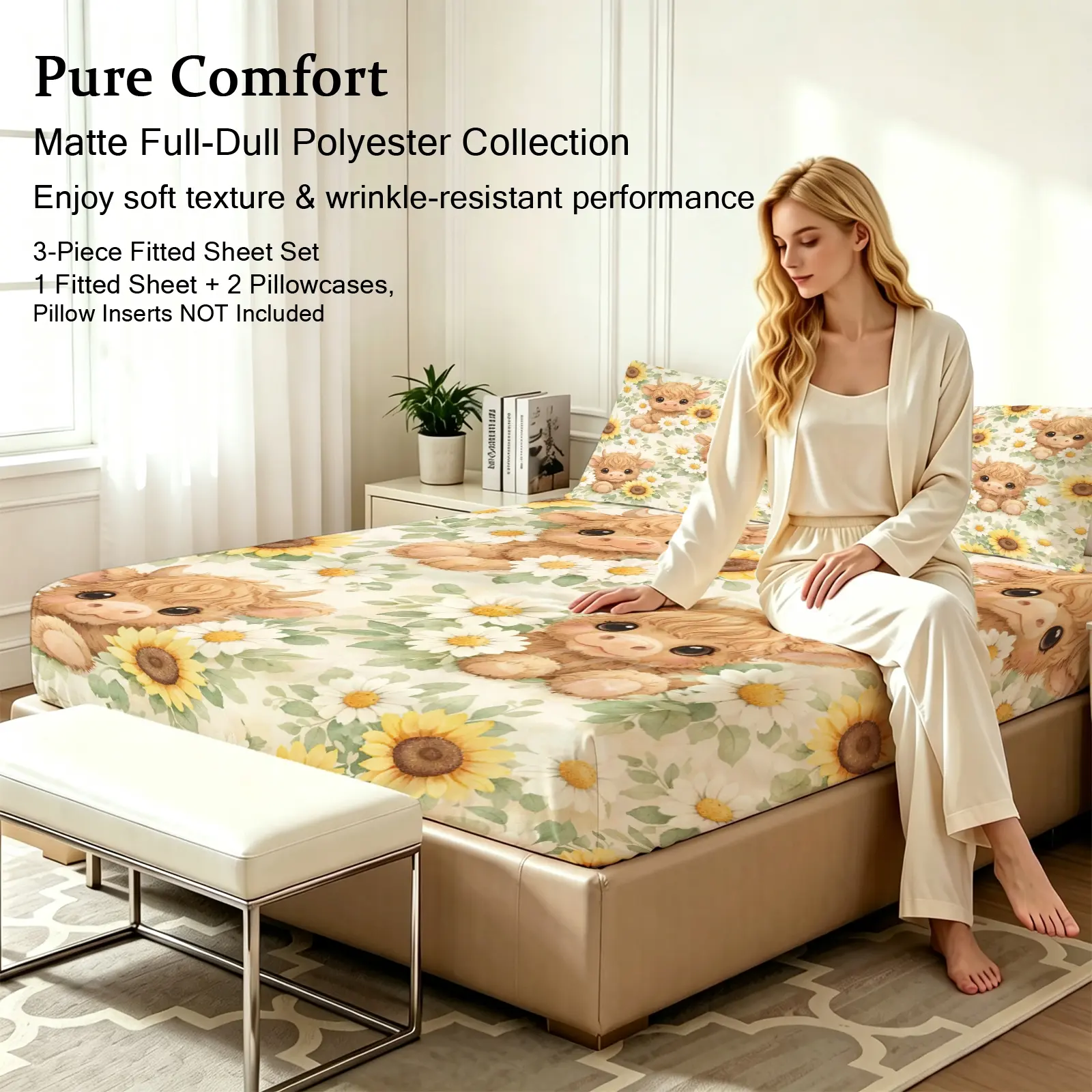 3pcs Fitted sheet Vintage Teddy Bear Sunflower Printed Bedding Set, Ultra Soft Microfiber Fitted Sheet Set with 2 Pillowcases, Wrinkle Resistant Breathable Fade Proof Bed Linens for Bedroom Hotel Dorm, Fits Twin Full Queen King Size