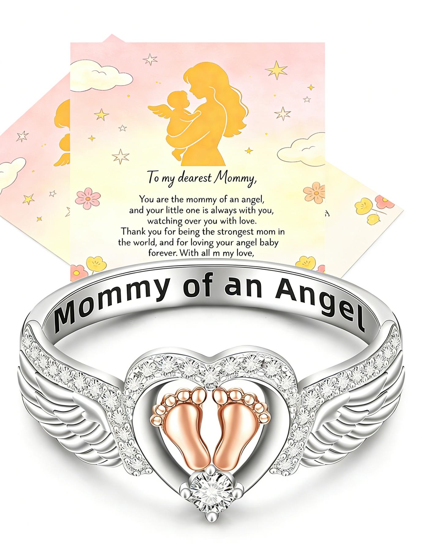 Angel Ring Mom's Edition, Angel Wings Baby Footprint Heart-shaped Ring - A commemorative piece of jewelry for those who have lost a baby, a meaningful gift for mothers as a token of sympathy, a Mother's Day present.