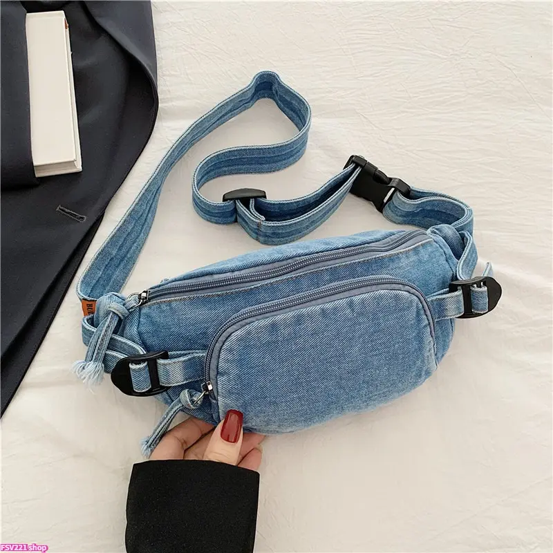 Women's Japanese Style Crossbody Bag, Large Capacity Preppy Washed Denim & PU Leather Fanny Pack with Adjustable Strap and Zipper, Crossbody Bags For Women, Belt Bag