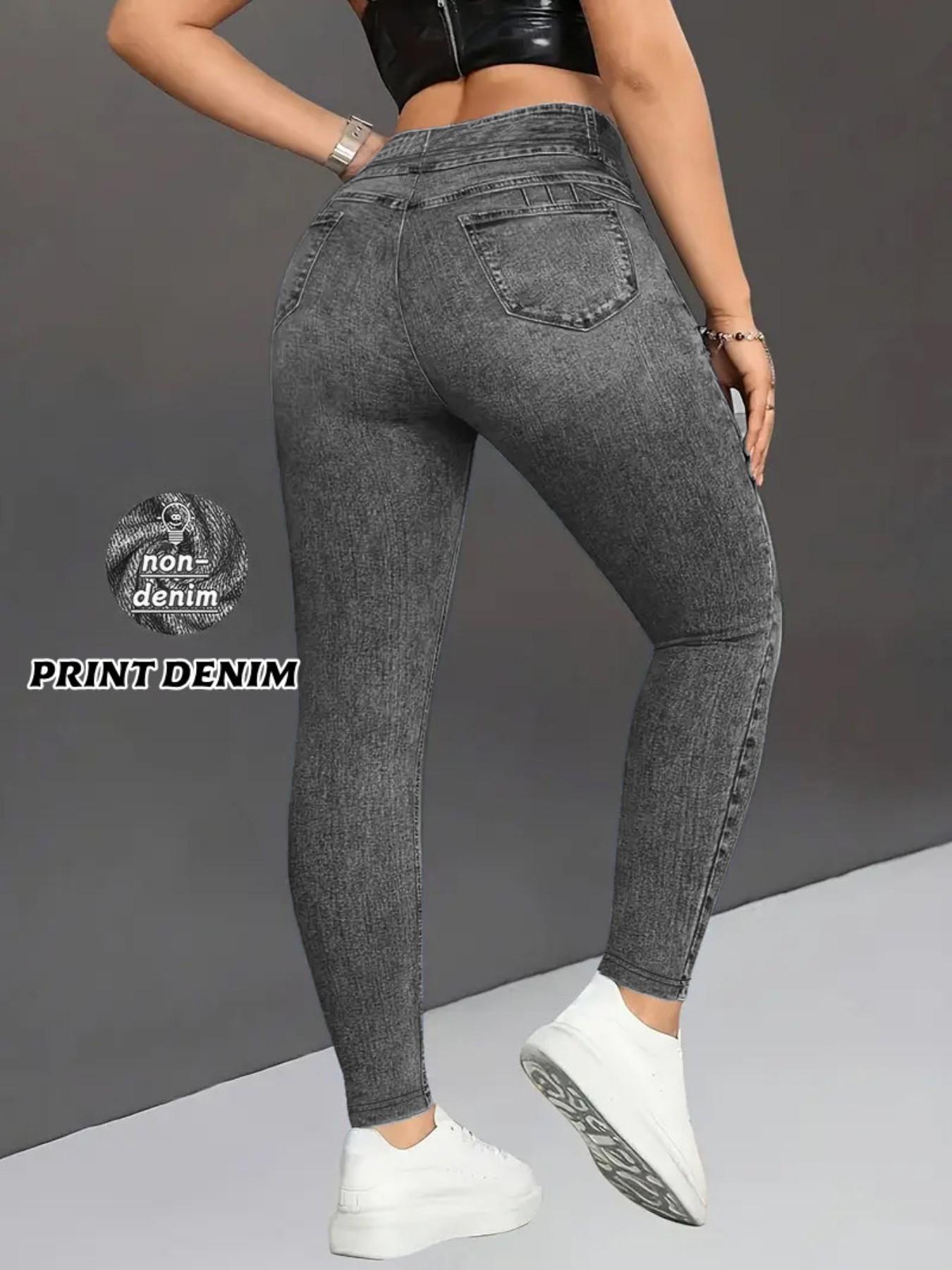 Women High-Waisted Stretch Denim-Style Pants, All-Seasons Slim-Fit Leggings, Breathable & Comfortable, Casual Sporty Style,faux denim fabric