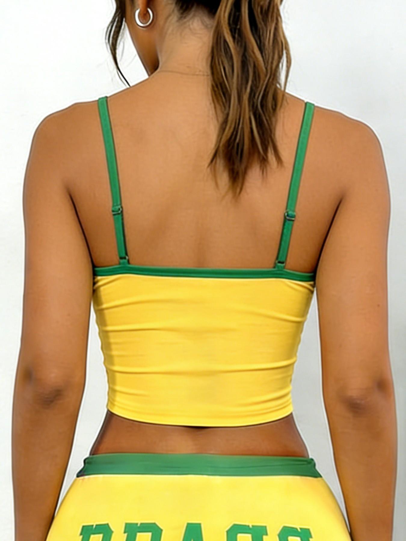 Women's Brasil Print Crop Cami Top, Yellow Green Brazil Flag Y2K Tank Top for Streetwear
