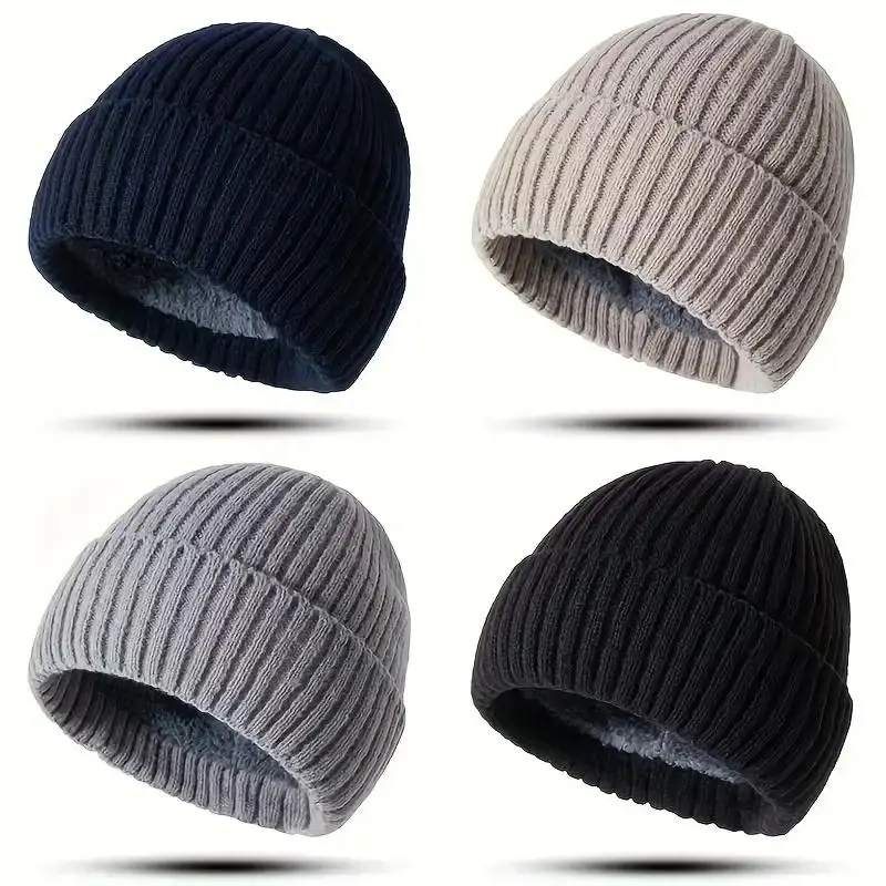 4pcs Men's & Women's Winter Hats - Thick Windproof Beanie with Flip Brim, Soft Warm Fold-Over Cuff (Black/Dark Grey/ Grey/White) - Multi-Color Options for Cold Weather, Skiing,, Outdoor Activities - Unisex Winter