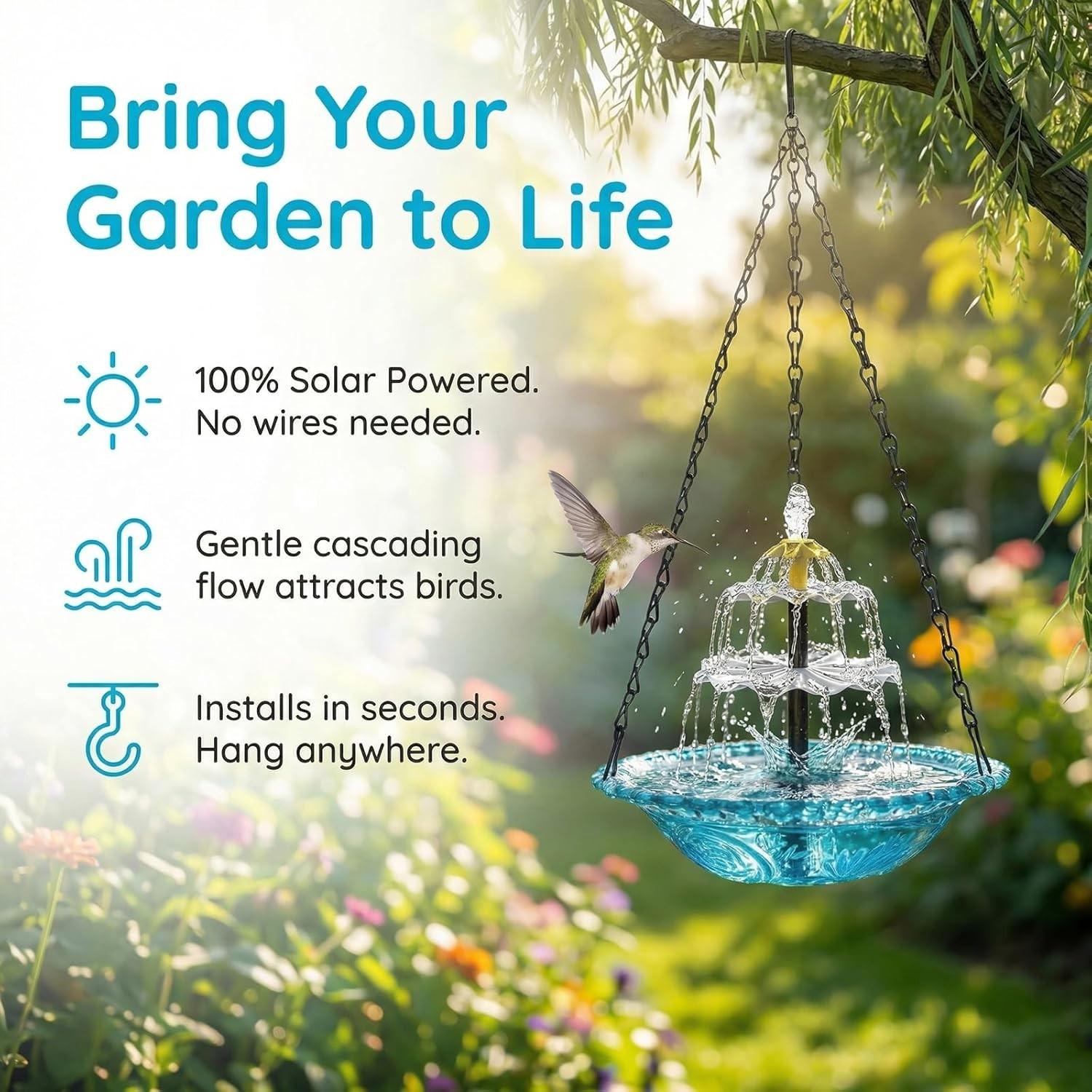 Solar Waterfall Hanging Bird Bath Fountain, Waterfall Feature, Outdoor Solar Pump & Glass Bowl, Solar Powered, Large Hummingbird Bath, Hummingbird Attractor, Garden Decor, Outdoor Decoration, 2026 New Model
