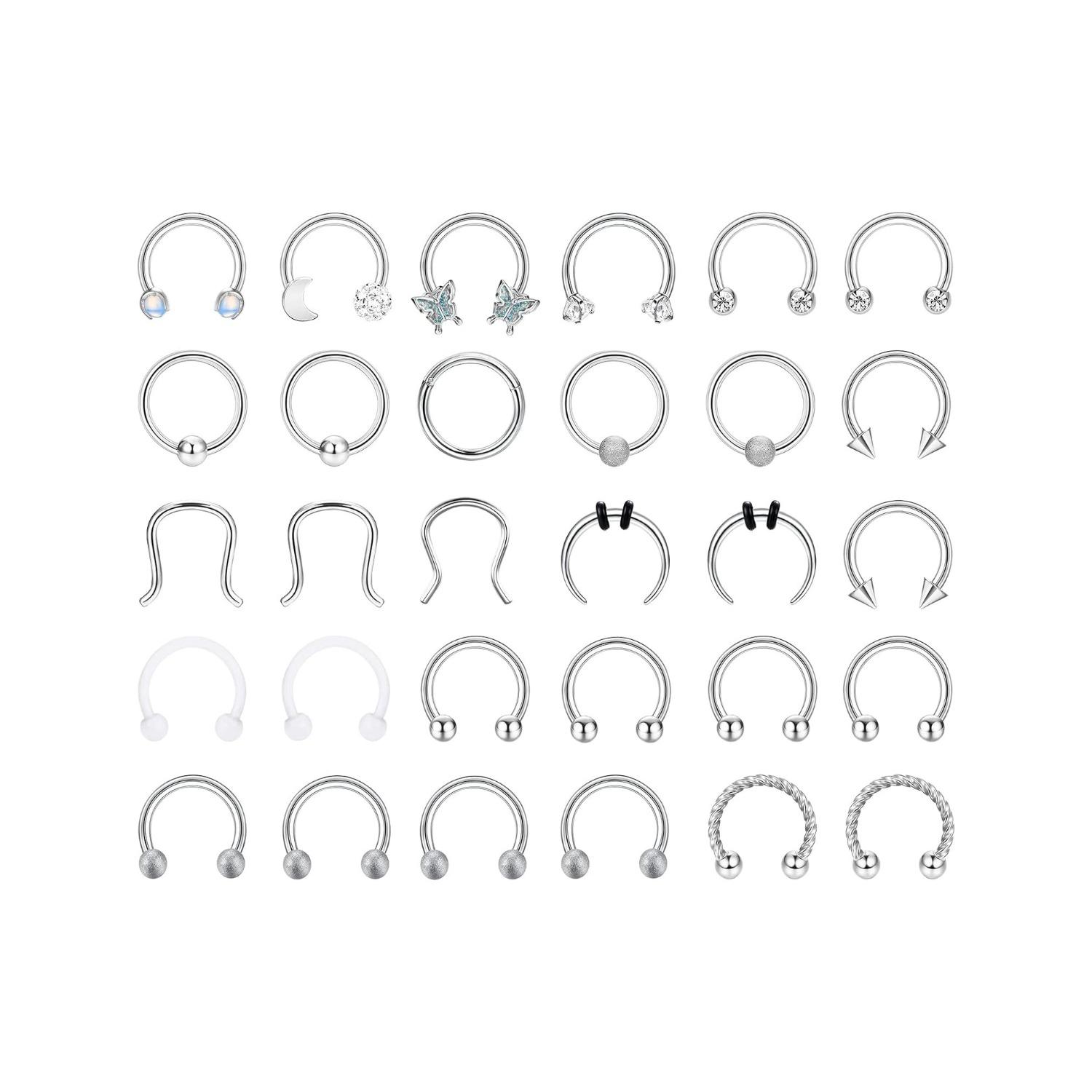 30Pcs 16G Septum Rings Stainless Steel Piercing Jewellery, Silver Horseshoe Nose Hoop Ring 10mm, Helix Daith Cartilage Earrings Smiley Jewellery for Men Women