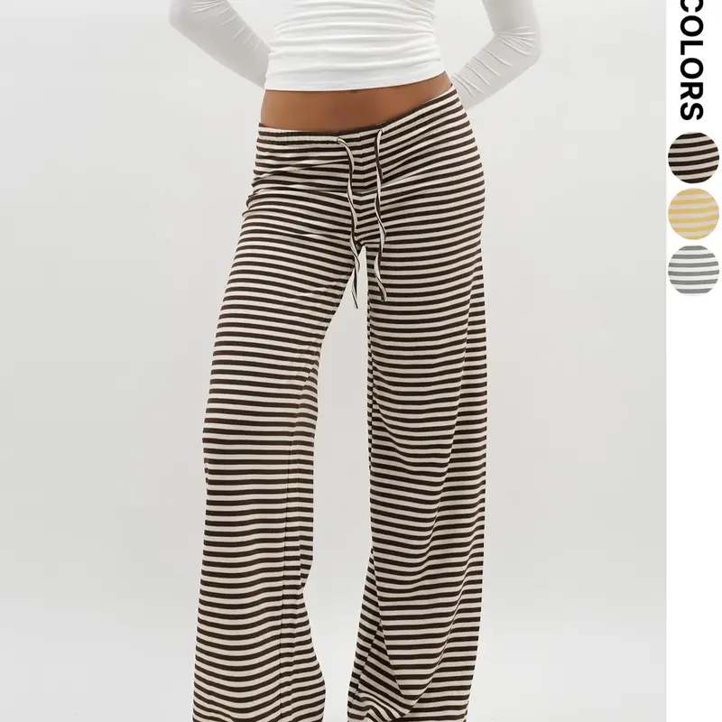 Women's Y2K Striped Wide Leg Pants, Comfortable Loose Casual Comfy Trousers, Drop Waist Design in Caramel Chocolate Color for All Seasons