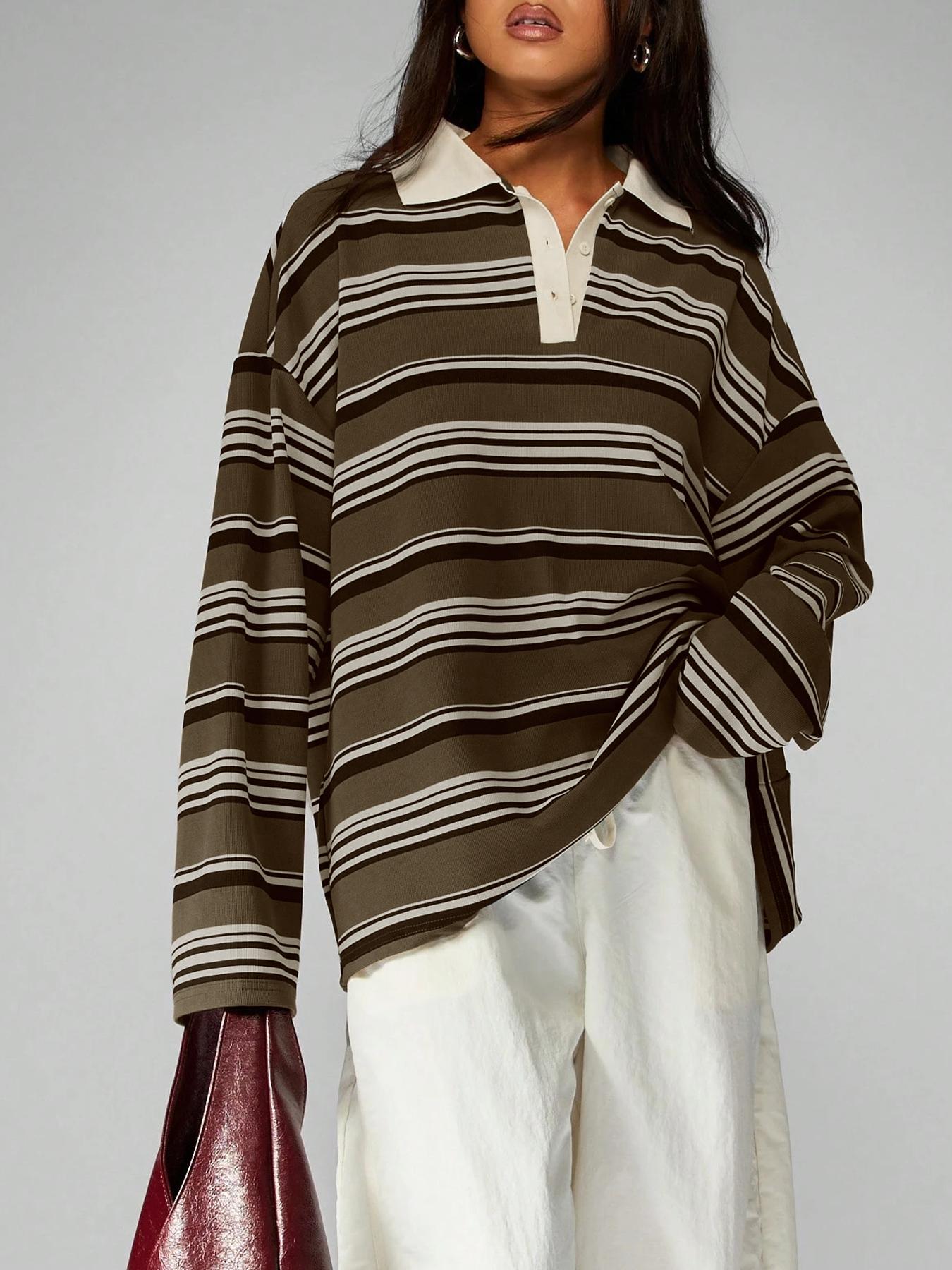 Vintage Striped Collared T-Shirt, Casual Loose Fit, Daily Commute/dating, Comfortable and Stylish, Perfect for Everyday Wear