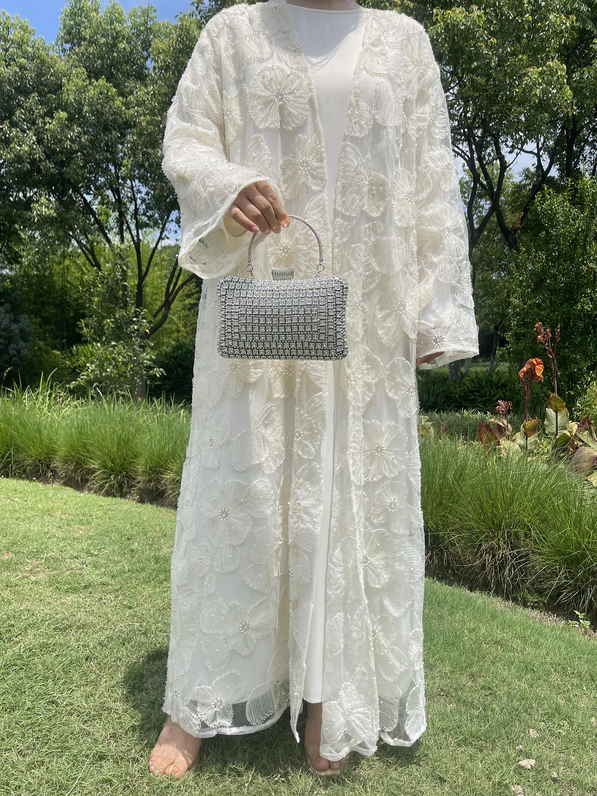 Women's 2-Piece Open Floral Embellished Abaya Floral Beaded Coat Set, Satin Lined Dress (Open Abaya + Inner Dress), Stylish Spring & Fall