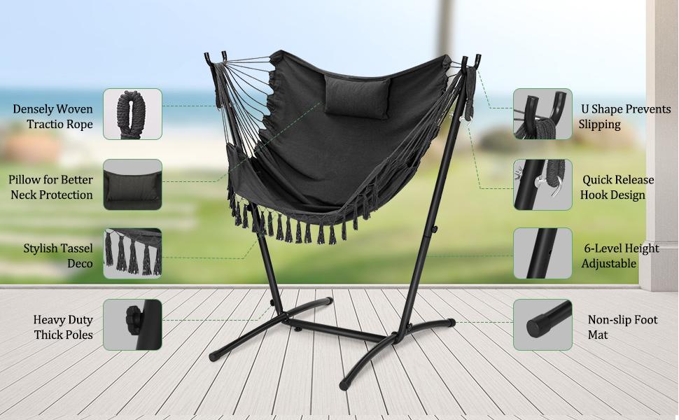 Rengue Hammock Chair with Stand, Heavy-Duty Swing Chair for Indoor & Outdoor Use, Height Adjustable Hanging Chair, Weather-Resistant Powder Coated Steel, Max Load Capacity of 350lbs