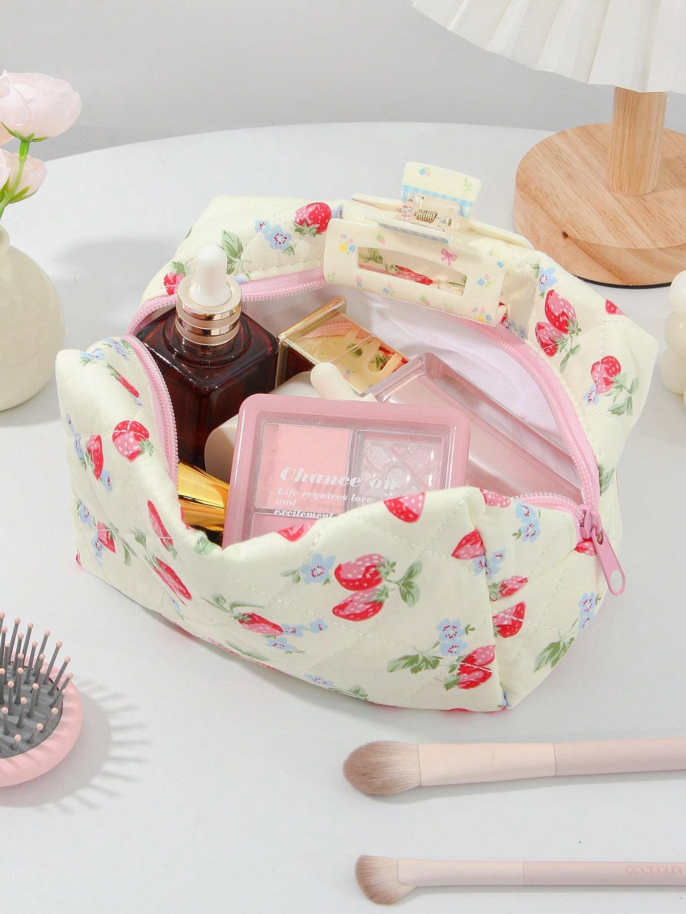 Cute Strawberry Pattern Makeup Bag, Large Capacity Travel Cosmetic Organizer, Multi-Functional Storage Pouch for Girls, Handy Makeup Brush & Pencil Case, Zipper Makeup Bag